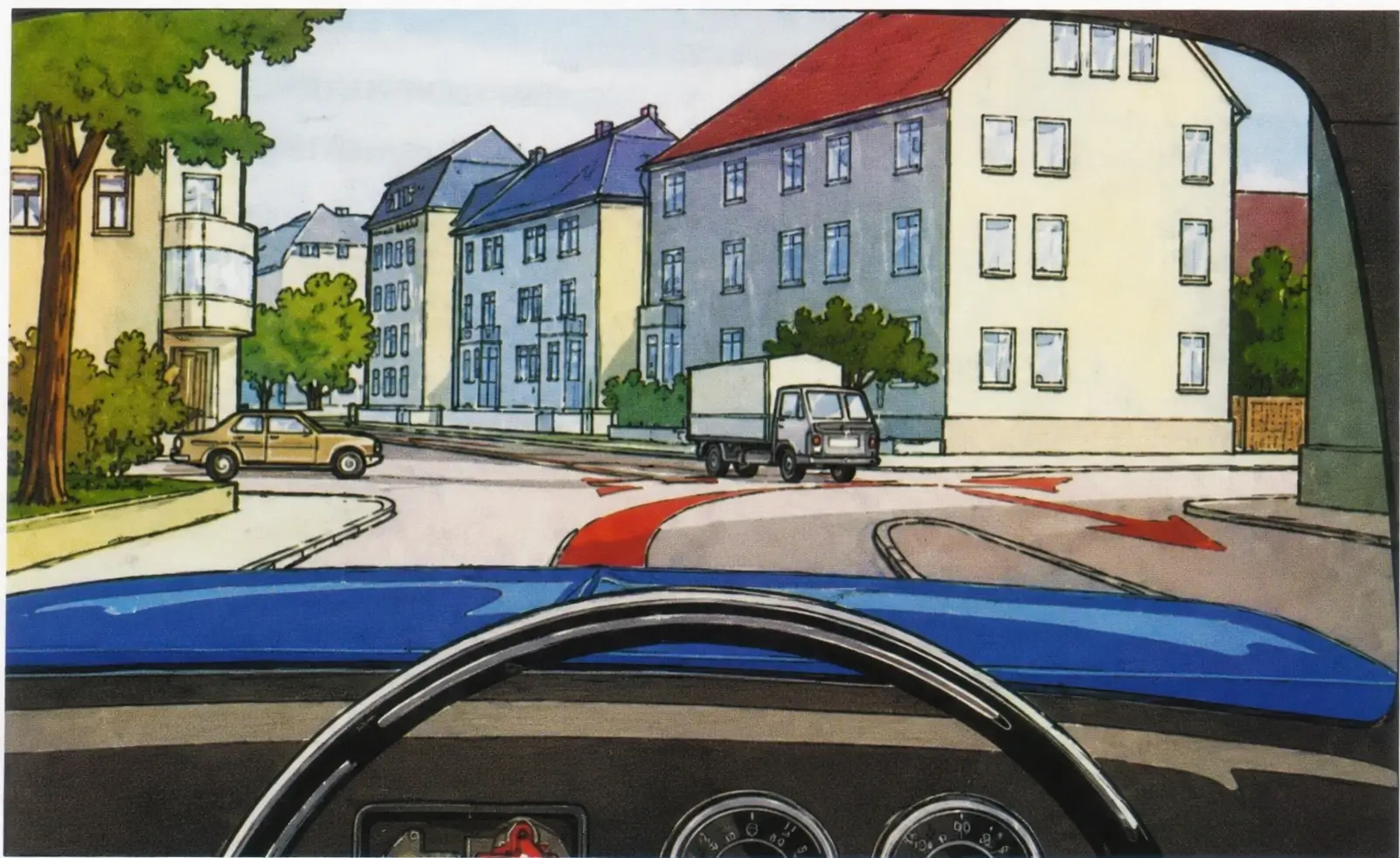 Driver's view intending to turn to the right at a 4 way junction with an oncoming truck and a yellow car on the left going to the right.